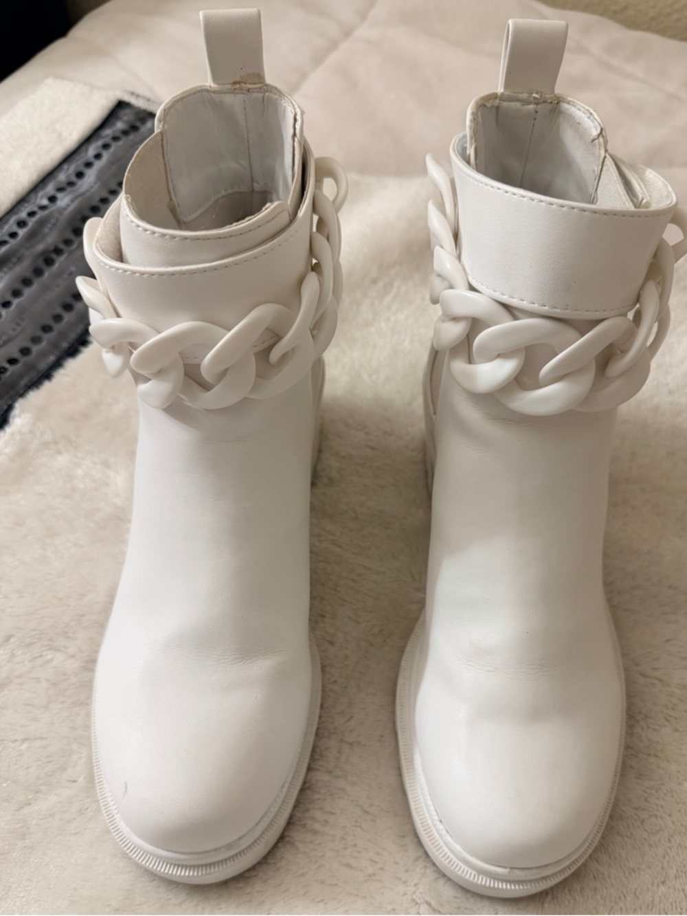Steve Madden White Chain-Accent Ankle Booties
